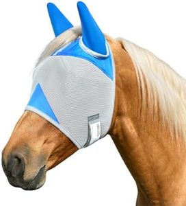 Fornyk Horse Fly Mask, Adjustable Fly Masks for Horses with Ears, Breathable and UV Protection, Comfort Mesh Without Nose Cover, Horses Accessories (Grey, Blue, Large)