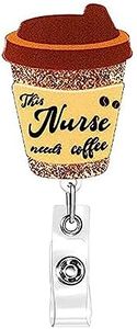 ANDGING Coffee Scrubs Nurse Badge Reel Holder, Glitter Brown Badge Reels Retractable for Nurses This Nurse Need Coffee Badge Clip RN LVN LPN Nursing Student Gift, Name Card Badge with Alligator Clip