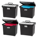 IRIS USA File Box Portable File Organizer Plastic File Box for Letter File w/ Organizer-Lid, BPA-Free Plastic Storage Organizer with Secure Buckle and Handle, Black 4 Pack