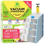 Vacuum Storage Bags - Pack of 20 (5 Jumbo + 5 Large + 5 Medium + 5 Small) ReUsable with free Hand Pump for travel packing | Best Sealer Bags for Clothes, Duvets, Bedding, Pillows, Blankets, Curtains