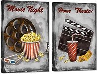 Zlove 2 Pieces Set Rustic Movie Theater Canvas Wall Art Old Film Reels Clapper Popcorn Poster Print on Canvas for Home Theater Room Bedroom Decor Stretched and Framed Ready to Hang 16x24inchx2pcs