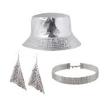 JAZTAKU Unisex Mellatic Bucket Hat Reversible Holographic Bucket Hat Fishing Hat Sun Cap Rapper Hip Hop Costume Hat, Silver Set, M/L