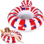 Lewtemi 43'' Patriotic Inflatable Pool Floats Adult Heavy Duty River Floats Inflatable Water Float Pool Lounge Ring Tube with Cup Holder 2 Grip Handle Grab Rope for Adult Outdoor Summer Pool (Classic)