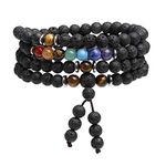 JOVIVI 108 Mala Prayer Beads Meditation Bracelet 7 Chakra Crystal Healing Lava Rock Stone Essential Oil Aromatherapy Diffuser Necklace Men Women Reiki Jewellery