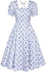 Belle Poque Vintage Dress for Women 1950s Cottagecore Cocktail Dresses Square Neck Puff Sleeve Dress Blue Floral XL