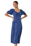 Roman Originals Floral Print Dress for Women UK Ladies Sweetheart Neck Ruched Midi Maxi Long Length Short Sleeve Flattering Casual Summer Spring Party Evening Going Out - Navy & White - Size 18