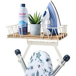 TJ.MOREE Ironing Board Hanger Wall Mount - Laundry Room Iron and Ironing Board Holder with Large Storage Wooden Base Basket and Removable Hooks(T&V Shaped)