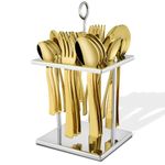 Parage 25 Pieces PVD Gold Luxury Stainless Steel Sapphire Golden Cutlery Set - 6 Tea Spoons, 6 Dinner Spoons, 6 Table Forks, 6 Table Spoons, 1 Stand | Perfect for Home, Kitchen, Dining Table & Gifting