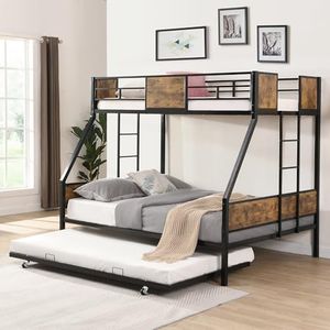 Twin Over Full with Trundle - Triple Bunk Bed with 2 Side Ladder and Full Length Guardrail, Heavy-Duty Twin Over Futon Bunk Bed with Metal Farme and Space Saving for Kids, Teens, Adults