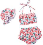 Yccutest Toddler Girl Swimsuits Infant Baby Girl Bathing Suit Bikini Sets Swimwear 3 Piece Summer Beach Outfit Top Shorts Hat, Pink Watermelon, 12-18 Months