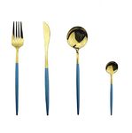 NAIDEV 4 PCs Golden Flatware, Silverware Set Cutlery Set Stainless Steel Tableware Kitchen Set Dinnerware Spoon Fork Knife Dinner Set Utensils Set (Blue, 4)