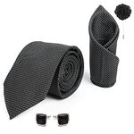 RIZORO Mens Plaid Dotted Silk Necktie Gift Set With Pocket Square Cufflinks & Brooch Pin Formal Tie With Leatherite Box (Black A10BKRX Free Size)