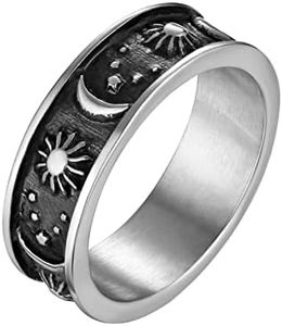 HZMAN 8mm Moon Star Sun Statement Ring Stainless Steel Boho Jewelry for Women Men (Silver, 10)