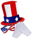 Mega_Jumble® Uncle Sam Mr. America Top Hat, White Gloves and USA Flas Bow Tie 3 Piece Kit for USA Flag America Superbowl Independece Day 4th July Adult Fancy Dress Costume Accessories