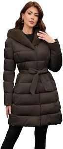 PAPILLON D'OR Women's Long Puffer Coat with Belt, Hood & Furry Lining - Knee-Length Winter Jacket with Dual-Zipper Pockets (US, Alpha, Medium, Regular, Regular, Tea-brown)