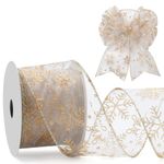 Snowflake Organza Wired Ribbon for Christmas Tree, Gift Wrapping, 2.5 Inch x 20 Yards Ivory Sheer Ribbon with Gold Glitter Snowflake Pattern for Crafts, Bows Making, Floral, Garlands