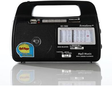 Supersonic SC-1082 9 Band AM/FM/SW 1-7 Portable Radio, High Sensitivity Receiver, Torch Light, Speaker, USB/SD Card Input, Rechargeable Battery, 360° Antenna, 8-10hr Flashlight, 2hr Radio, AC/DC