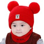 SYGA Woolen Baby Cap Knit Hat Scarf Unisex Winter Pom Pom Cap Neck Warme 6 Month to 24 Month Baby - Red