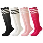 BONANGEL 4 Pairs Kids Football Socks Boys Girls 6-8 9-12 Years Knee High School Socks Black White Athletic Long Sleeves Cotton Sports Soccer Training Socks for Junior