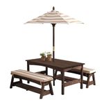 KidKraft Wooden Garden Table and Bench set for Kids with Cushions and Parasol, Outdoor Garden Furniture For Children - Beige and White Stripes, 00500