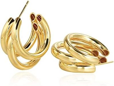 Tewiky Earrings for Women, 14k Gold Plated Chunky Triple Hoop Earrings, Small Hoops Aesthetic Hypoallergenic for Girls