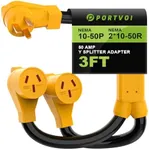 Portvoi NEMA 10-50 Splitter Cord, 6 Gauge 240V Splitter Industrial Male Plug 10-50P to (2) 10-50R Female connectors, 6 AWG, 3 feet