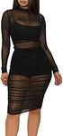 Womens See Through Mesh Dress Jumpsuit Night Out Dress +Crop top and Shorts 3 Piece Outfit Set (Black, XX-Large)