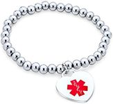 Blank Medical ID Stretch Bead Bracelet Heart Shape Charm Tag Engravable for Women Teen Silver Tone Stainless Steel