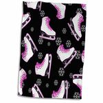 3D Rose Figure Skate and Snowflake Print-Black and Pink Hand/Sports Towel, 15 x 22