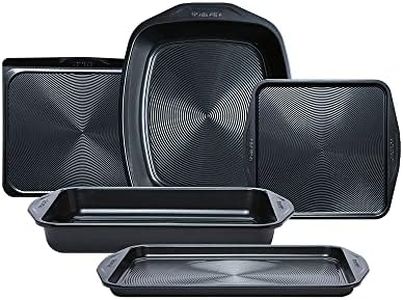 Circulon Ultimum Oven Trays, Roasting Tins & Baking Tray Set of 5 - Non Stick Oven Tray Set, Freezer & Dishwasher Safe Carbon Steel Bakeware, Black