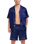 SWOMOG Pyjama Set for Men Short Sleeve Pyjamas Silk Satin Pj Set Button Down Sleepwear and Loungewear Set Navy Blue