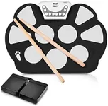 Pyle Compact & Ultra-Thin Portable Machine w/ 9 Electronic Pads, Foot Pedals, Drumsticks, & Power Supply Tabletop Roll Loaded W/Drum Electric Kits & Songs, Headphone Jack