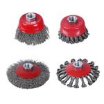 Wire Wheel for 4 1/2 Angle Grinder, 4PCS Wire Wheel Cup Brush Set, 4 Inch/3 Inch Knotted Coarse Crimped Wire Wheels, with 5/8-11UNC Threaded Arbor