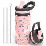 BUZIO Insulated Water Bottle for Kids, Modern Vacuum Insulated Hydro Bottle with 2 Straw Lids, 14oz Double Walled Wide Mouth Sports Drink Flask with Pink Unicorn Patterns, Simple Thermo Canteen Mug