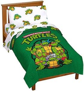 Nickelodeon Teenage Mutant Ninja Turtles Green Bricks 4 Piece Toddler Bed Set - Includes Reversible Comforter & Sheet Set Bedding - Super Soft Fade Resistant Microfiber (Official Nickelodeon Product)