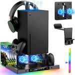 MENEEA Upgraded RGB Cooling Fan Charging Station for Xbox Series X Console & Controller, Wireless Dual Charger Dock Cooler System Stand with 15 Colorful Light Modes Accessories Storage, Black