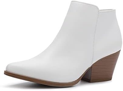 CentroPoint Women's Fashion Block Heel Ankle Boots Pointed Toe Side Zip Leather Booties(White PU, Numeric_6.5)