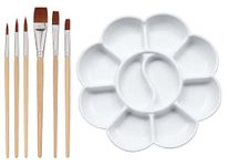 DEZIINE®1Pcs Small FlowerPalette and 3Pcs Flat and 3Pcs Round Paint Brush Set with Short Wood Handles Color Mixing Palette Paint Plate Draw Palette - White