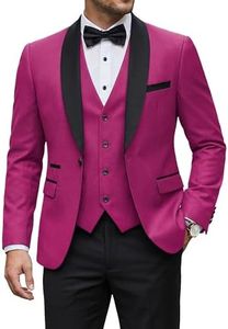 YND Men's 3 Piece Slim Fit Tuxedo Suit Set, One Button Shawl Collar Solid Business Blazer Jacket Vest Pants with Bow Tie, Fuchsia
