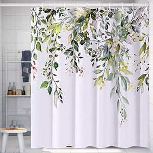 PHANPINT Shower Curtain with 12 Hooks, Textile Anti-Mould Waterproof Washable Shower Curtains, 180 x 200 cm, Shower Curtains for Bathroom, Machine Washable, Quick Drying (Green)