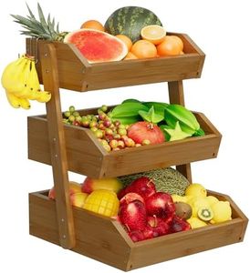 3 Tier Fruit Basket For Counter, Large Capacity Fruit Storage Countertop, Fruit Holder, Wooden Pantry Organizers and Storage, Kitchen Countertop Organizer With Two Banana Hangers (Walnut)