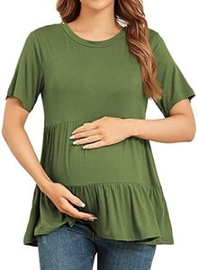 Xpenyo Women's Maternity T Shirts Short Sleeve Tiered Basic Casual Pregnancy Top, Army Green, Small