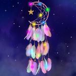 Moon & Star Dream Catcher with LED Light, Handmade Wall Hanging Dreamcatcher with Colourful Feather and Bead Decoration Dream Catcher for Girls for Kids Shower Nursery Bedroom Blessing Birthday Gifts