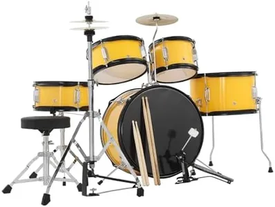 5 Piece Kids Drum Set, Junior Drum Kit with Bass Drum, Tom, Snare Drums, Hi-Hat, Cymbal and Drums Pedal, Full 16in Youth Drum Set with Drumsticks and Stool for Boys and Girls, Yellow