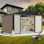 GarveeLife 8x8 Ft Outdoor Storage Shed, Large Steel Utility Tool Shed, Garden Patio Lawn Poolside Metal Shed Outdoor Storage with Sloped Roof & Locking Door Designed to Organize Tools in Yard, Brown