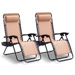 SereneLife Zero Gravity Reclining Chair, Tanning Chair, Patio Chair, Adjustable Beach Chair, Set of 2 Lawn Chairs w/Cup Holder Side Tables, Padded Removable Headrest Pillows