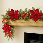 Marco Paul 9ft Luxury Pre Lit Christmas Garland with Lights Red Poinsettia Flower Artificial Pine Garland Battery Operated LED Garland Cool & Warm White Lights, Fireplace & Stairs Decor