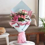 FlowerAura Fresh Live Flower Bouquet of 9 Rose, 1 Lily & 2 Daisy Flowers For Birthday Gift, Anniversary Gift, Wedding Gift, Congratulations Gift & Gift For Special Occasions (Same Day Delivery)