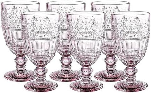 WHOLE HOUSEWARES | Pink Coloured Glass Goblet | Set of 6 Vintage Drinking Glasses | 11.5 oz Embossed Design | Wedding, Party Wine Glasses Set of 6 (Pink)