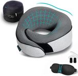 Proglobe Orthopedic Neck Pillow Travel Neck Pillows for Airplanes, Memory Foam Kit, Updated Resting Material, Airplane Travel Set with 3D Contoured Eye Masks, Earplugs, and Luxury Mesh Bag (Grey)